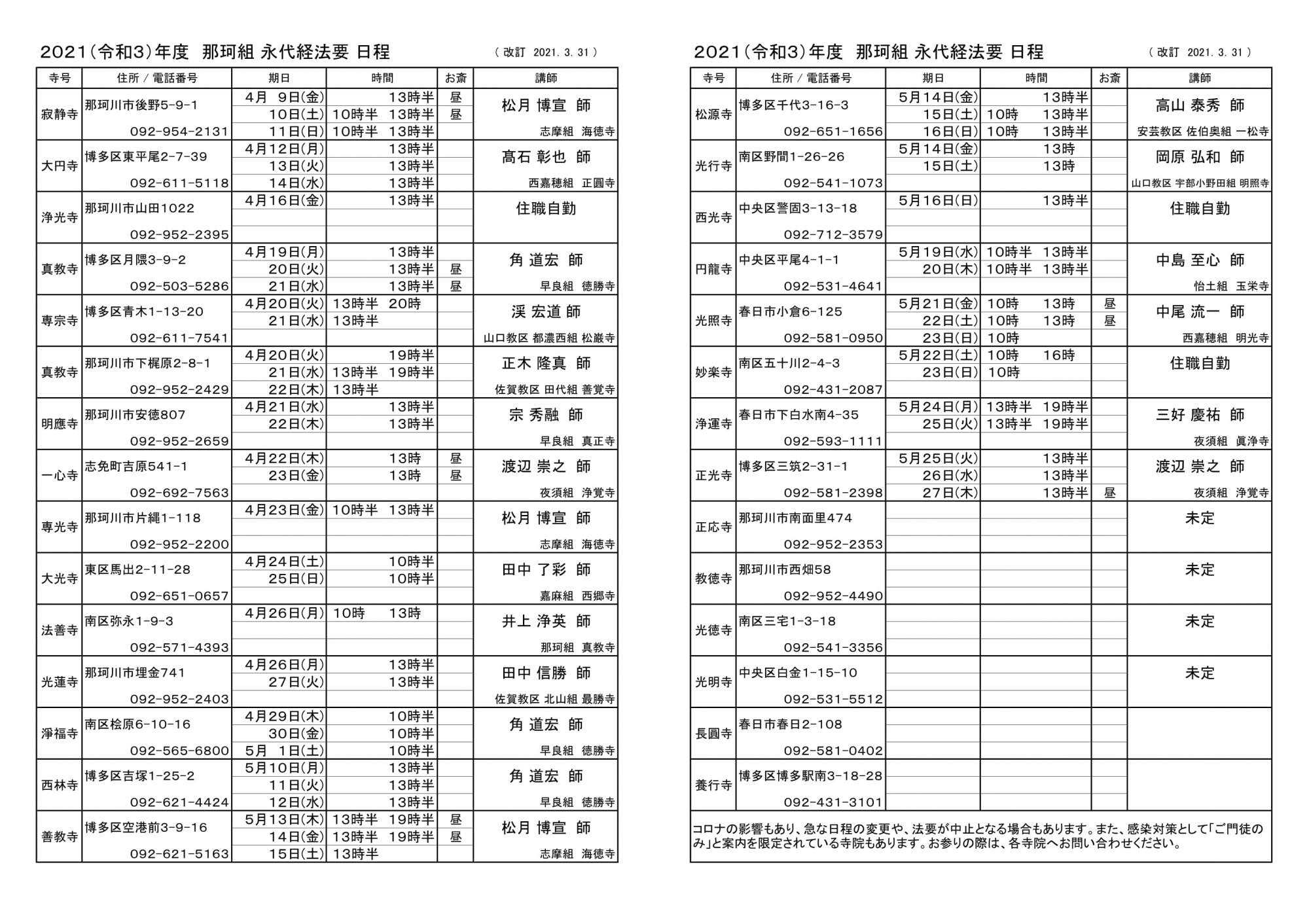 各寺院法要日程 令和３年３月３１日 更新 浄土真宗本願寺派 那珂組